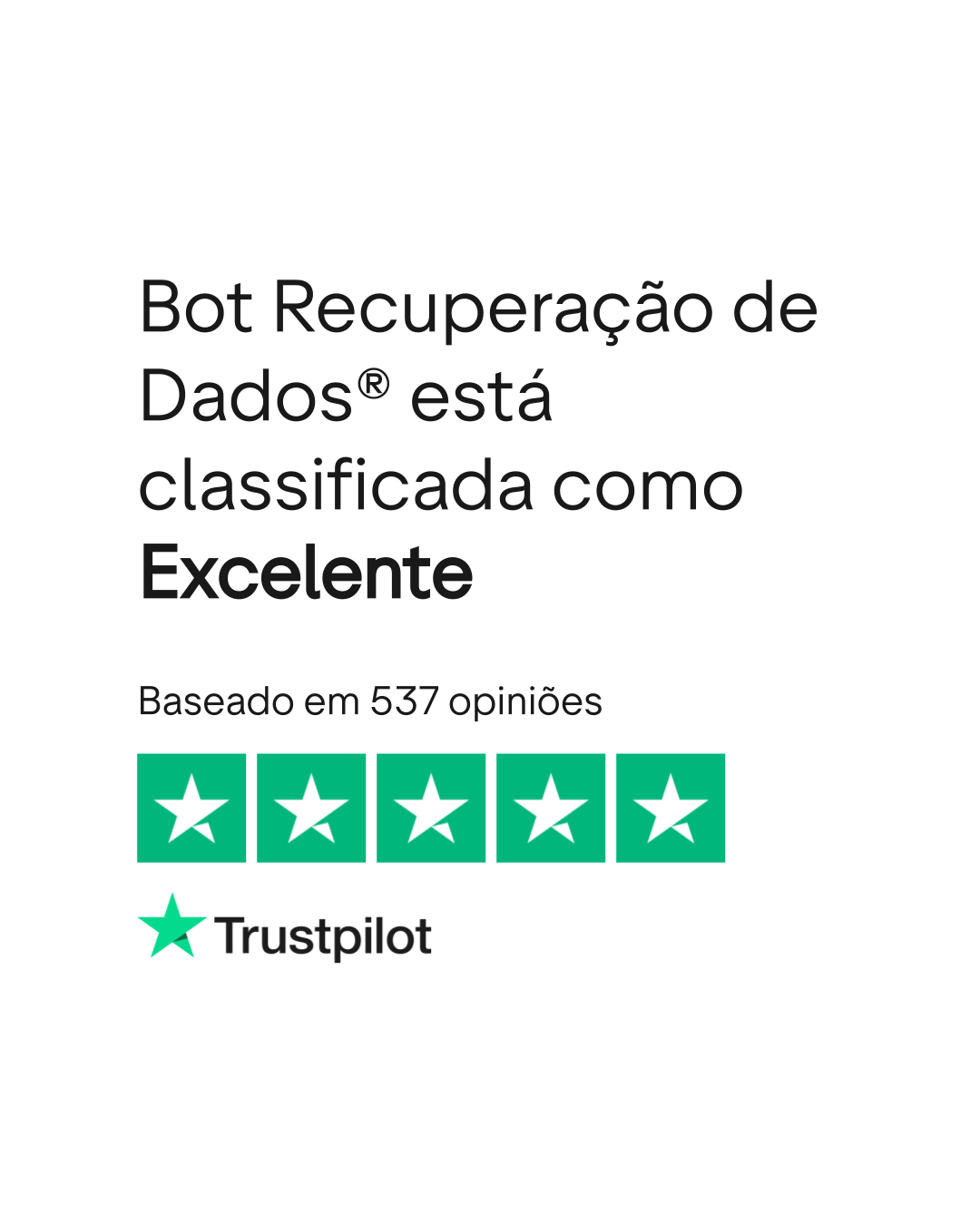 Reputação da Bot Recuperação de Dados no Trustpilot, com reconhecimento por excelência no atendimento e na recuperação de dados